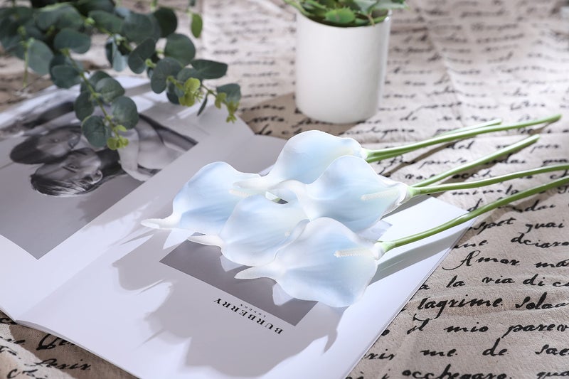 Duovlo 20pcs Calla Lily Bridal Wedding Bouquet Lataex Real Touch Artificial Flower Home Party Decor (Light Blue) - Image 4
